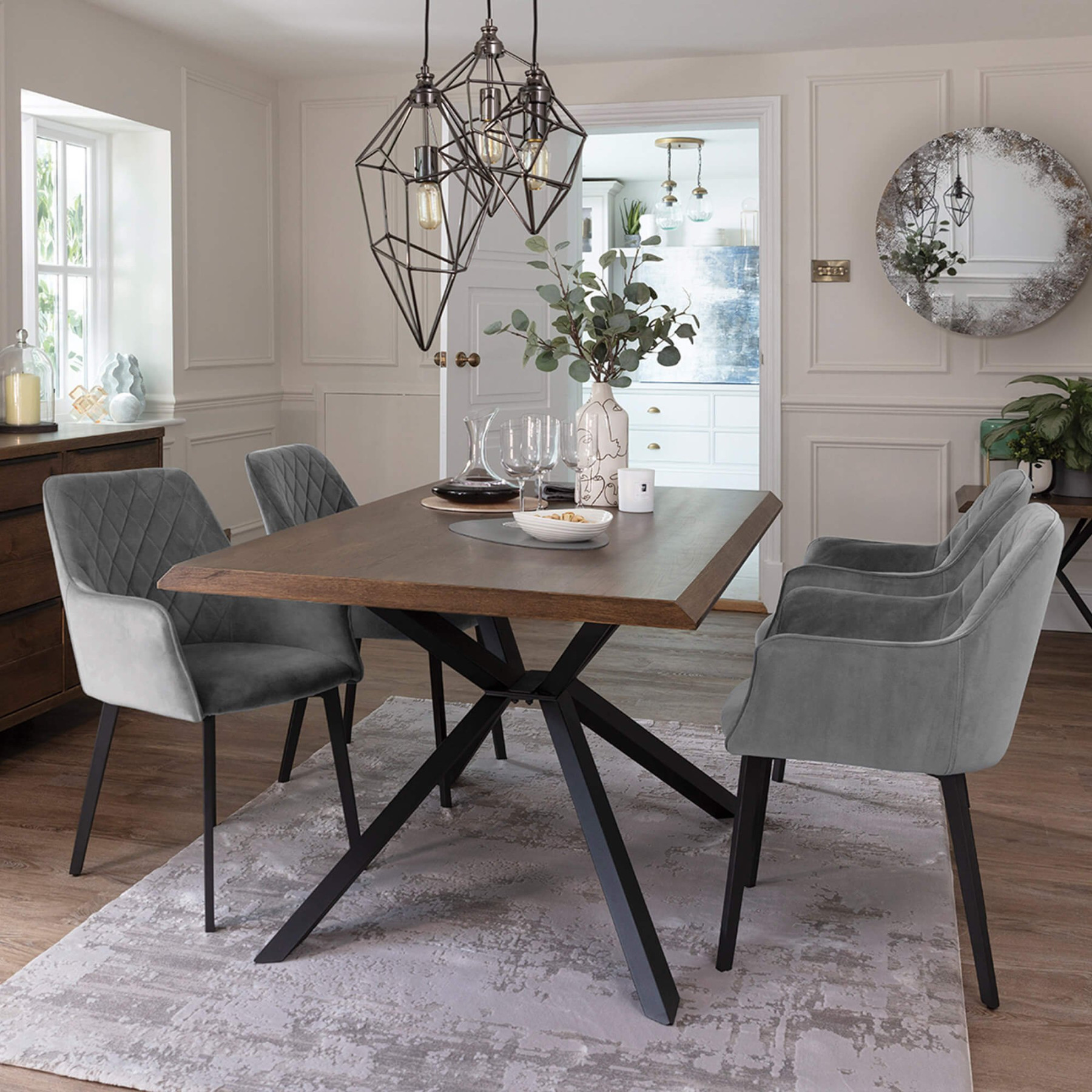 Bronx cm Dining Table &  Grey Velvet Chairs